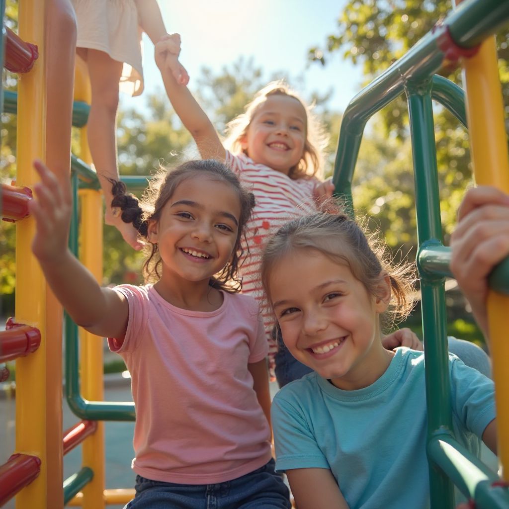Children playing on outdoor climbing structures