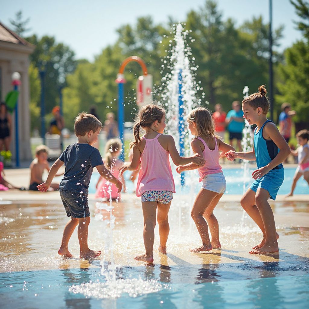 Water splash playground with children